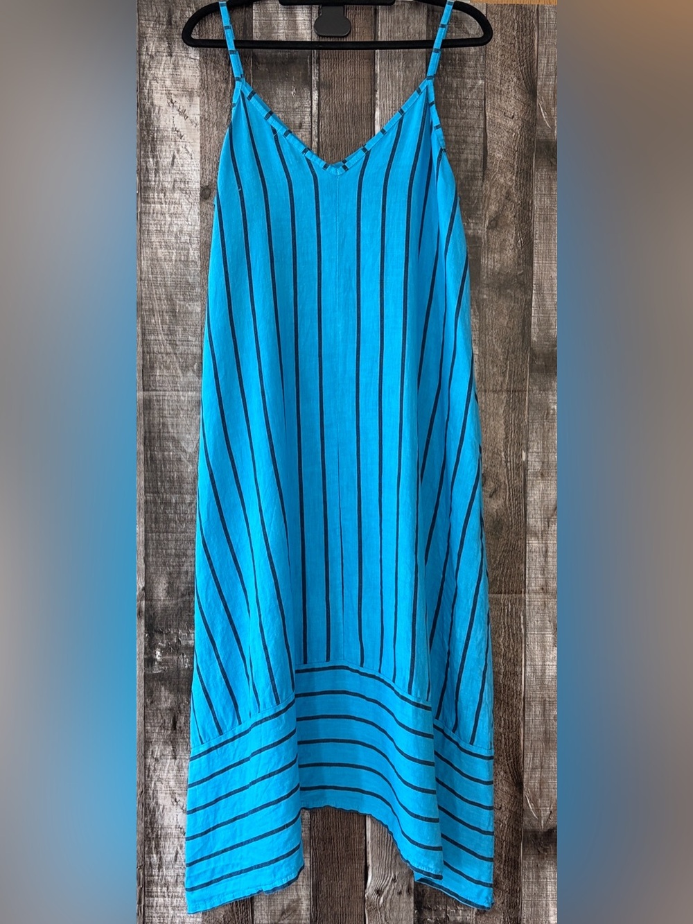 Terzo Millennio Turquoise Striped 100% Linen Midi Dress-S - Picture 2 of 10